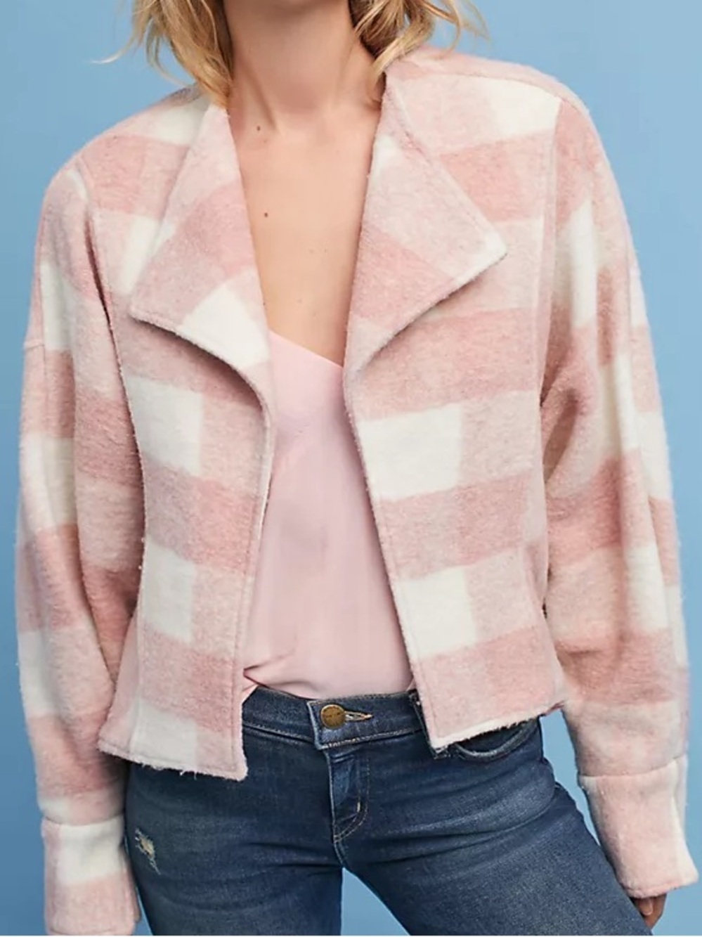 Anthropologie ett:twa Blushed Buffalo Plaid Jacket Pink Cream Cropped NWT Medium